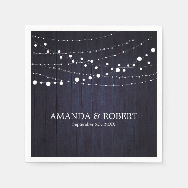 String Lights On Rustic Wood Wedding Blue Napkin (Front)