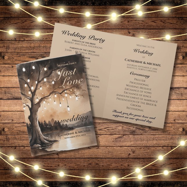 String Lights On Tree Romantic Country Wedding Program (Flat lay barn wood fairy lights romantic country enchanted woodland forest light wedding program)