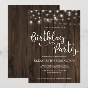 String Lights on Wood 60th Birthday Party Invitation