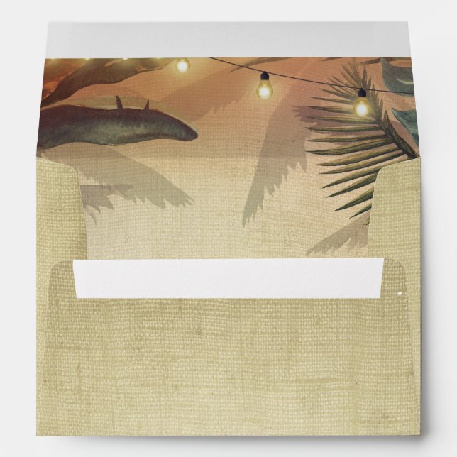 String Lights Palm and Rustic Linen Beach Wedding Envelopes (Back (Bottom))