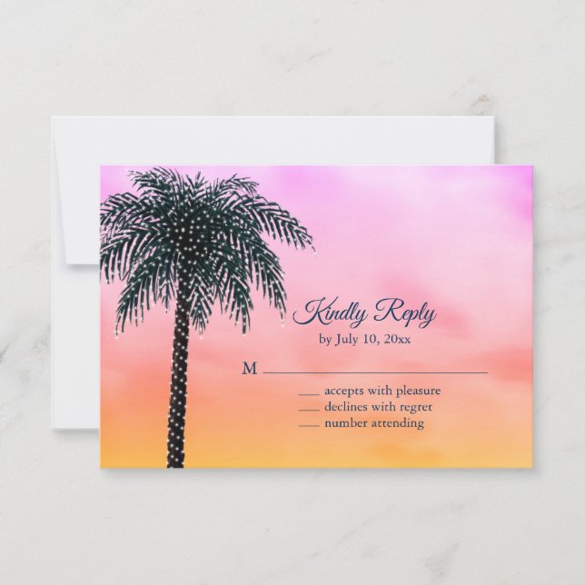 String Lights Palm Tree Sunrise RSVP Card (Front)