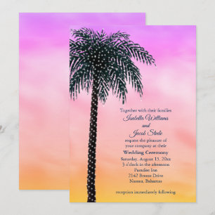 String Lights Palm Tree Sunrise Wedding Invitation