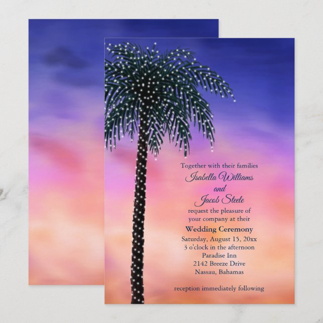 String Lights Palm Tree Sunset Wedding Invitation (Front/Back)