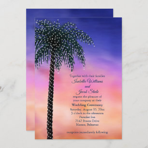 String Lights Palm Tree Sunset Wedding Invitation