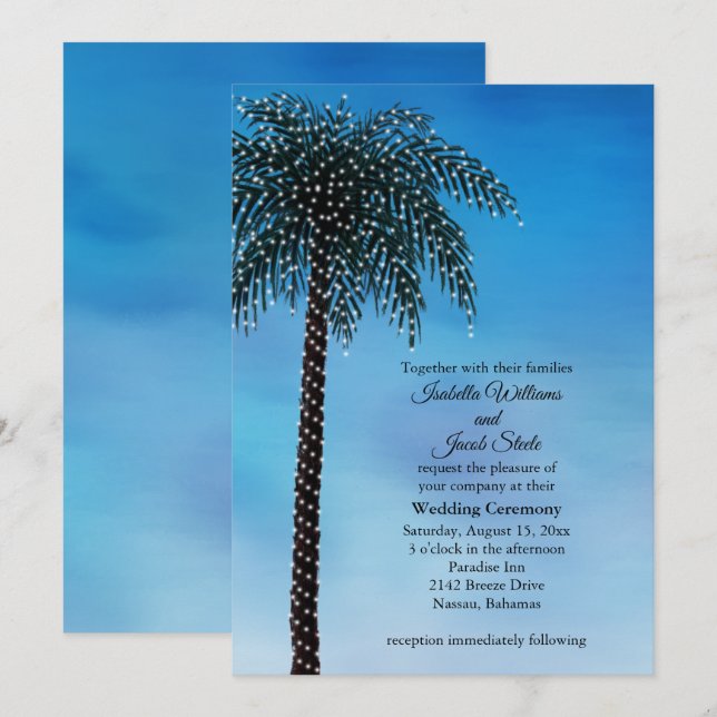String Lights Palm Tree Wedding Invitation Aquarel (Devant / Derrière)