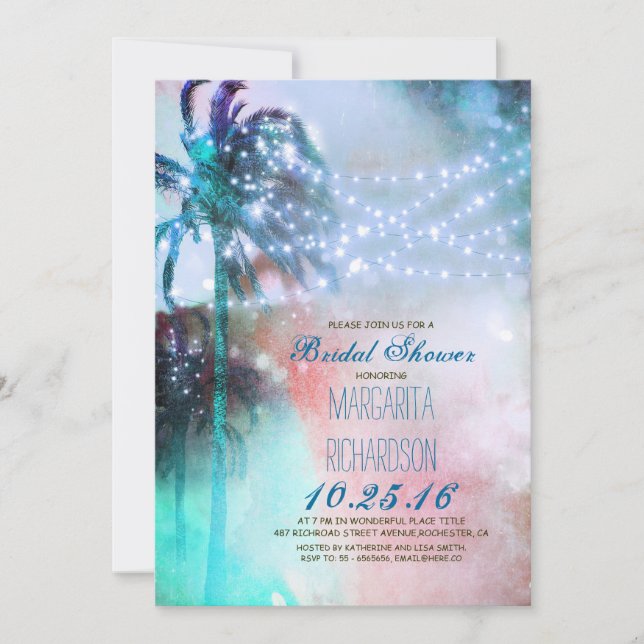 string lights palm trees beach bridal shower invitation (Front)