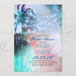 string lights palm trees beach bridal shower invitation