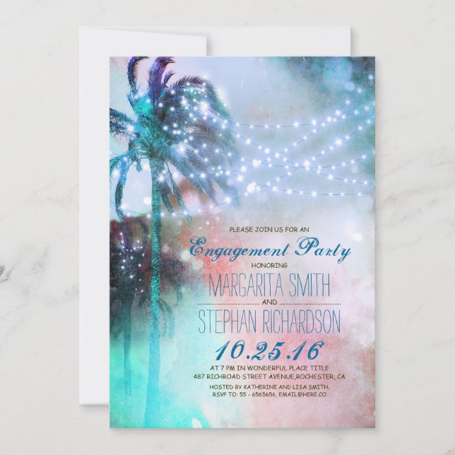 string lights palm trees beach engagement party invitation (Front)