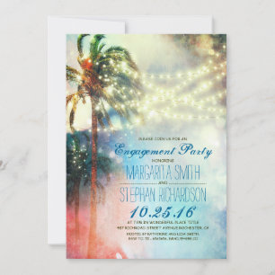 string lights palm trees beach engagement party invitation