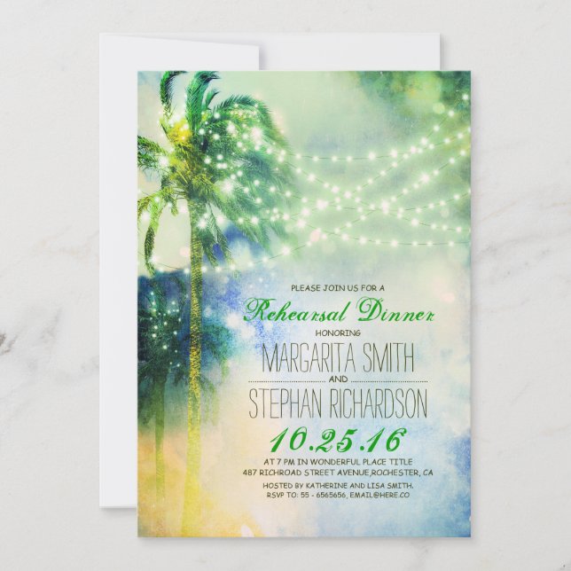 string lights palm trees beach rehearsal dinner invitation (Front)