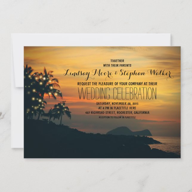 string lights palm trees beach wedding invitation (Front)