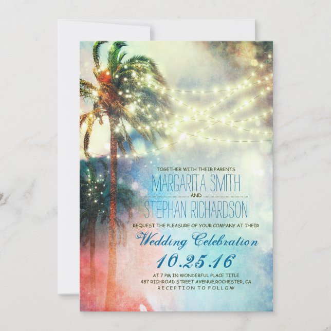 string lights palm trees beach wedding invite (Front)