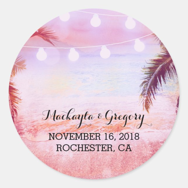 String Lights Palms Beach Sunset Purple Wedding Classic Round Sticker (Front)