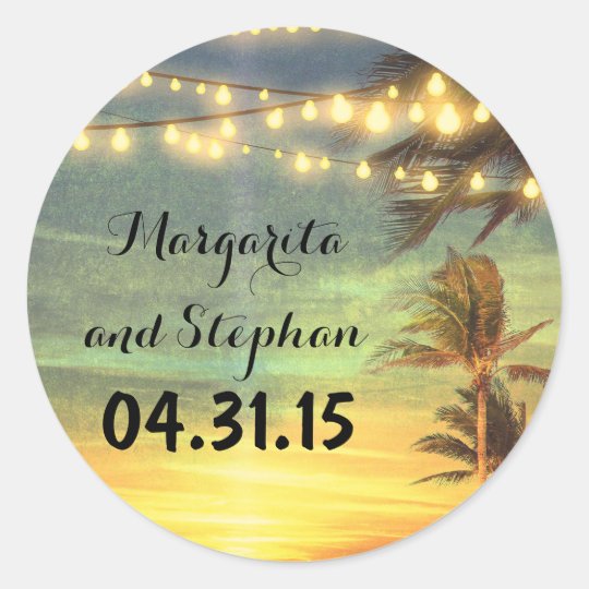 String Lights Palms Beach Sunset Wedding Classic Round Sticker