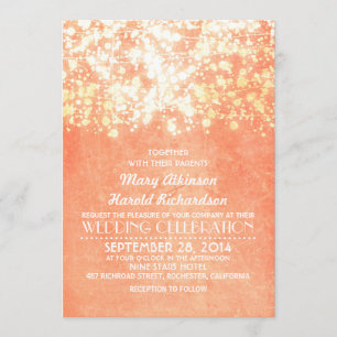 string lights peach and gold rustic wedding invitation
