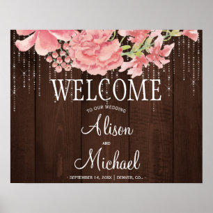 String lights peonies blush wedding welcome sign