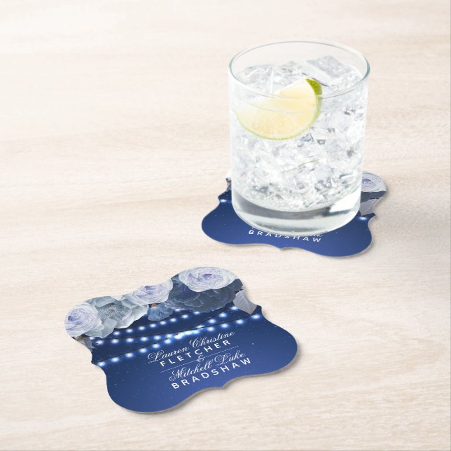 String lights Personalized Blue Elegant Wedding Paper Coaster (Insitu)