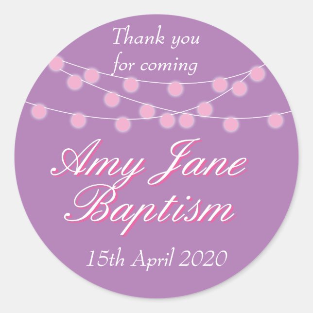 String Lights Pink Baptism Christening Favour Classic Round Sticker (Front)