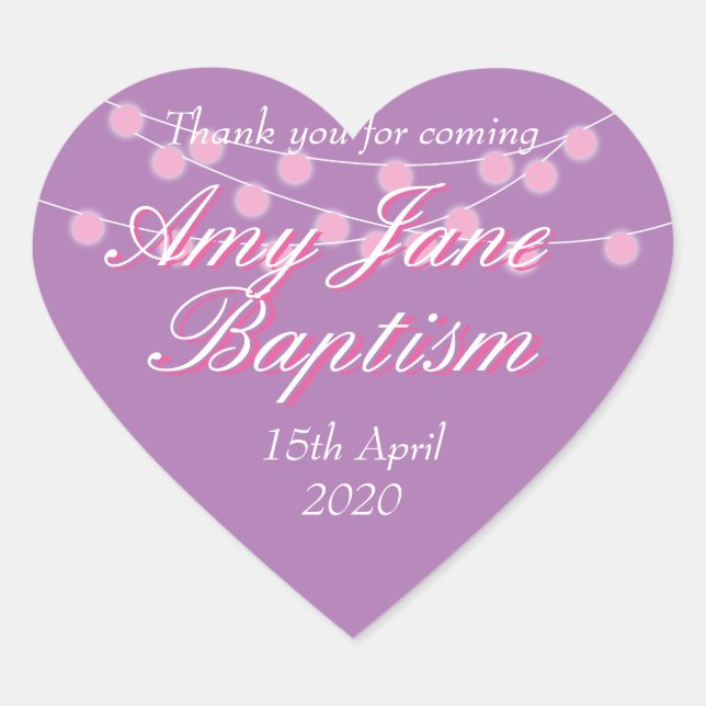 String Lights Pink Baptism Christening Favour Heart Sticker (Front)