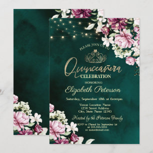 String Lights Pink Flowers Green Quinceañera  Invitation