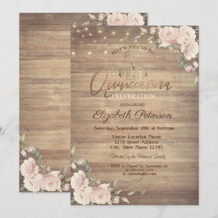String Lights Pink Flowers Wood Quinceañera Invitation