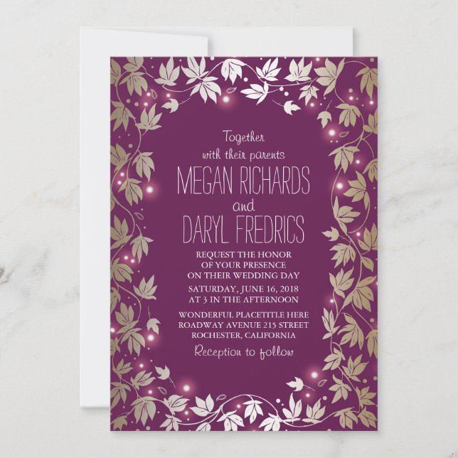 String Lights Plum and Gold Garden Wedding Invitation (Front)