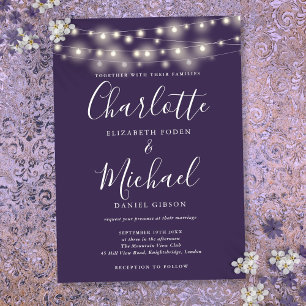String Lights Purple Elegant Script Wedding  Invitation