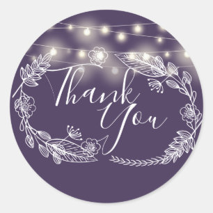 String Lights Purple Floral Script Thank You Classic Round Sticker