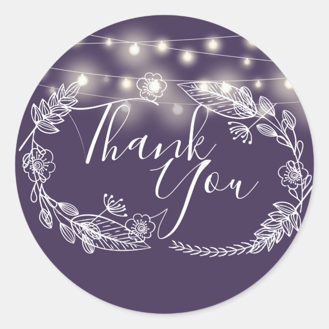 String Lights Purple Floral Script Thank You Classic Round Sticker (Front)