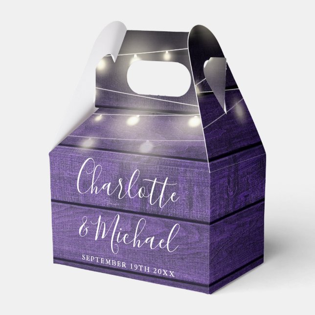 String Lights Purple Rustic Wood Script Wedding Favor Box (Front Side)