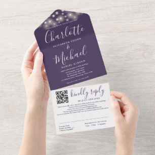 String Lights Purple Script QR Code Wedding All In One Invitation