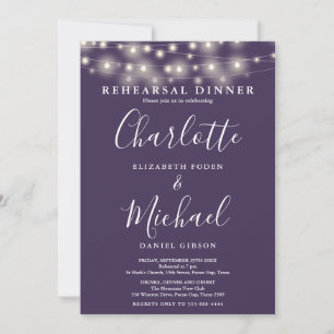 String Lights Purple Script Rehearsal Dinner Invitation