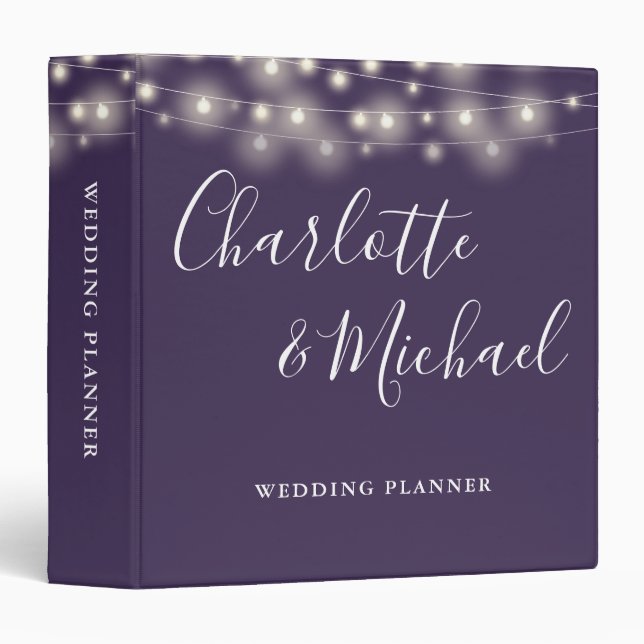 String Lights Purple Script Wedding Planner Binder (Front/Spine)