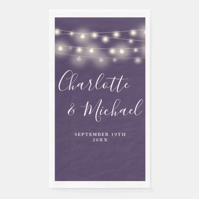 String Lights Purple Signature Script Wedding Napkin (Front)