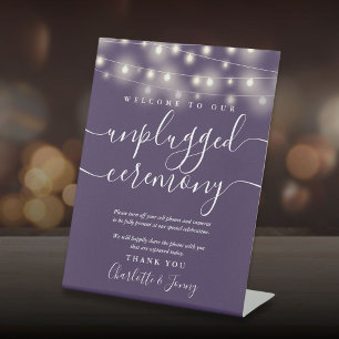 String Lights Purple Unplugged Ceremony Pedestal Sign