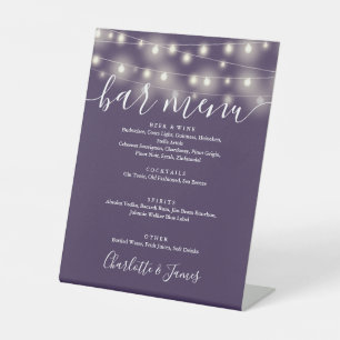 String Lights Purple Wedding Bar Menu Pedestal Sign