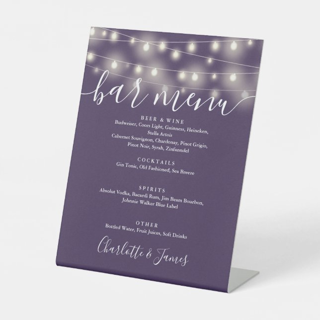 String Lights Purple Wedding Bar Menu Pedestal Sign (Front)