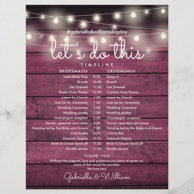 String Lights Red Wood Wedding Schedule Timeline (Front)