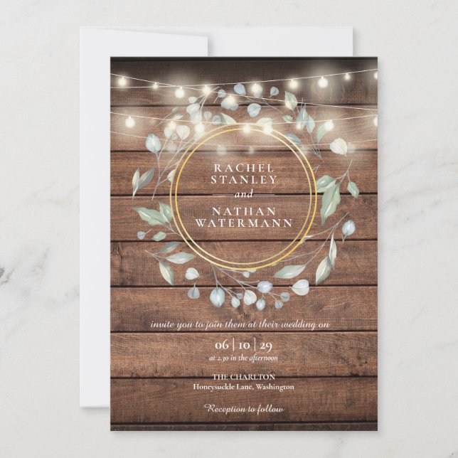 String Lights Rustic Barn Wood Greenery Wedding Invitation (Front)