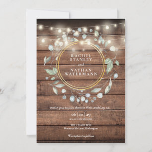 String Lights Rustic Barn Wood Greenery Wedding Invitation