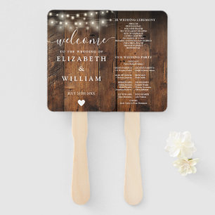 String Lights Rustic Barn Wood Wedding Program Hand Fan