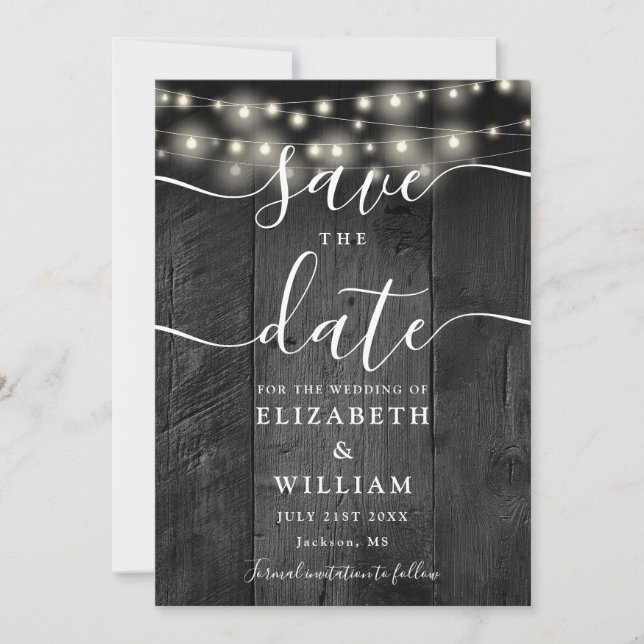 String Lights Rustic Black Wood Barn Boho Wedding  Save The Date (Front)