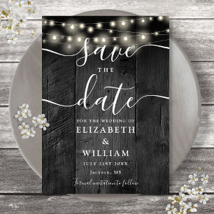 String Lights Rustic Black Wood Barn Boho Wedding  Save The Date