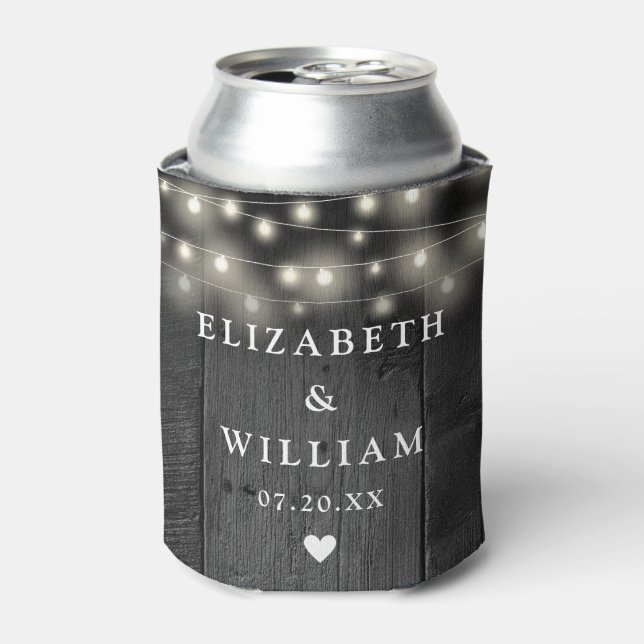 String Lights Rustic Black Wood Boho Barn Wedding Can Cooler (Can Front)
