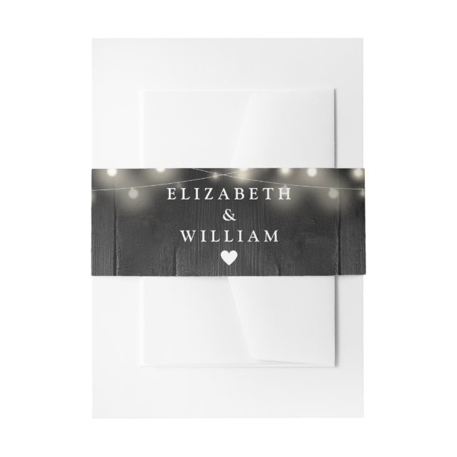 String Lights Rustic Black Wood Boho Barn Wedding Invitation Belly Band (Front Example)