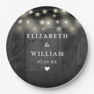 String Lights Rustic Black Wood Boho Barn Wedding Paper Plate