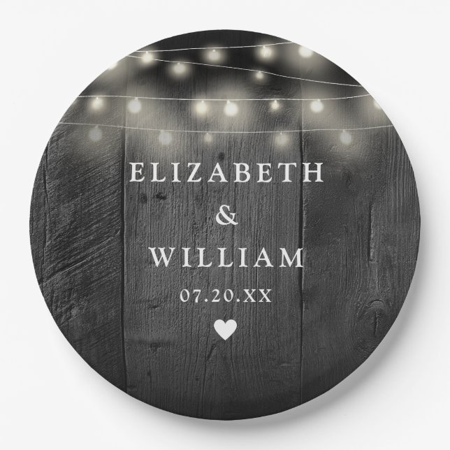 String Lights Rustic Black Wood Boho Barn Wedding Paper Plate (Front)