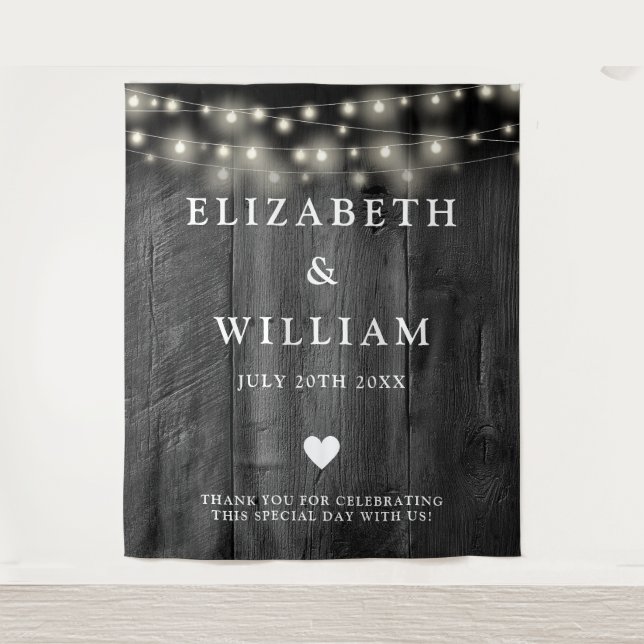 String Lights Rustic Black Wood Photo Backdrop Tapestry (Front)