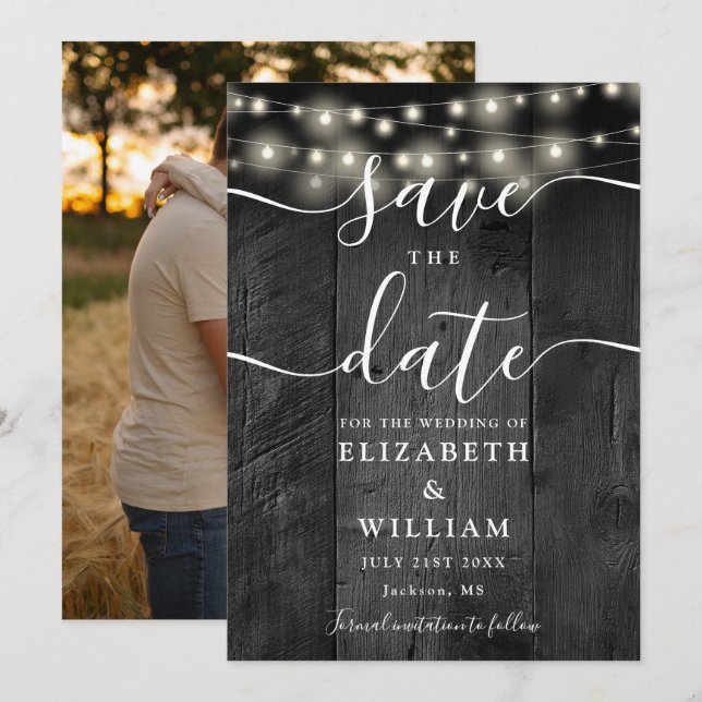 String Lights Rustic Black Wood Photo Wedding  Save The Date (Front/Back)