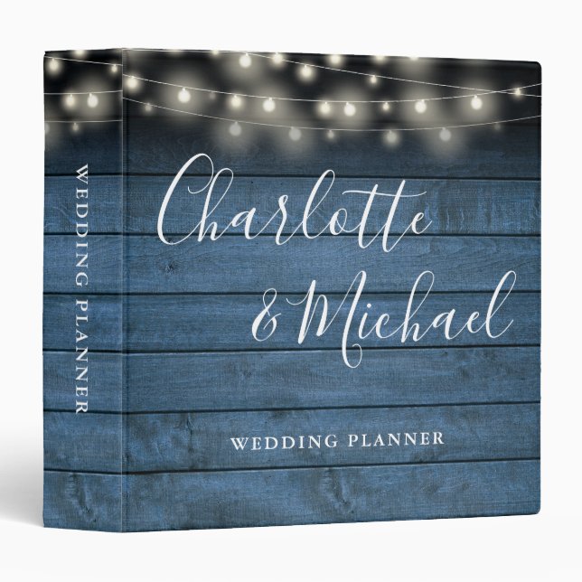 String Lights Rustic Blue Wood Wedding Planner Binder (Front/Spine)